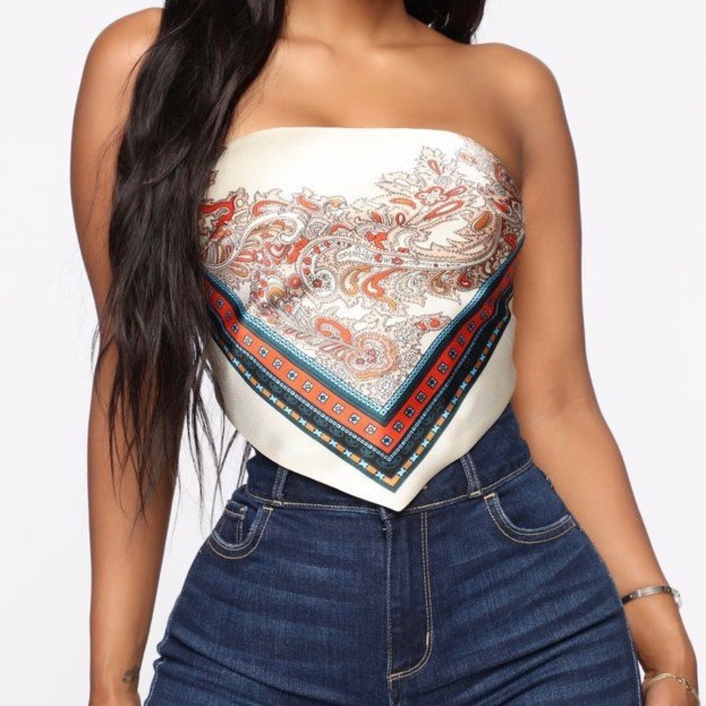 Cream scarf print bandana crop top